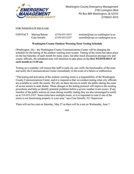 Siren testing will be changing here in #WashCoIA!