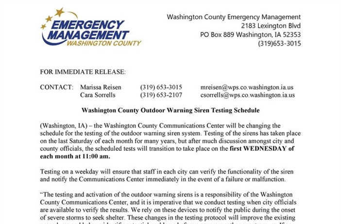 Siren testing will be changing here in #WashCoIA!
