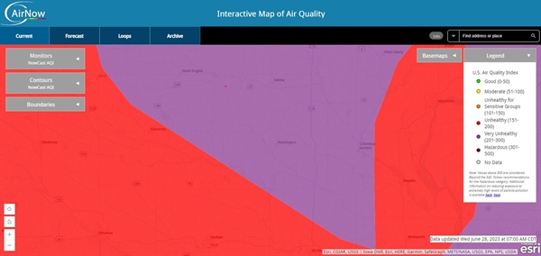6/28/2023 8:30 AM

Air quality is still "very unhealthy" (purple) in most of Washington County today.  This means everyone shoul...
