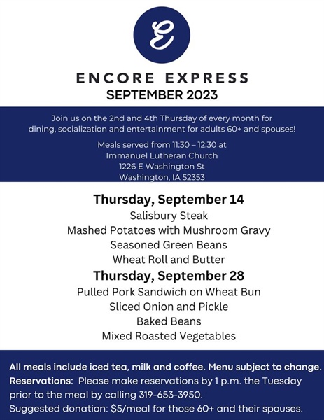 Check the September menu for Encore Express in Washington, and remember to make those reservations! Reservations are due by 1pm ...