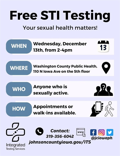 Two weeks from today, Johnson County Public Health will be hosting a free STI testing clinic at our office on 5th floor.  Walk-i...