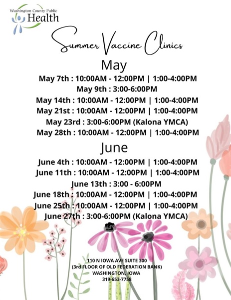 Call us to schedule your child's next immunization appointment.  Clinic dates for May and June below.