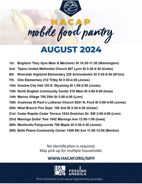 HACAP's Mobile Food Pantry schedule for August 2024: