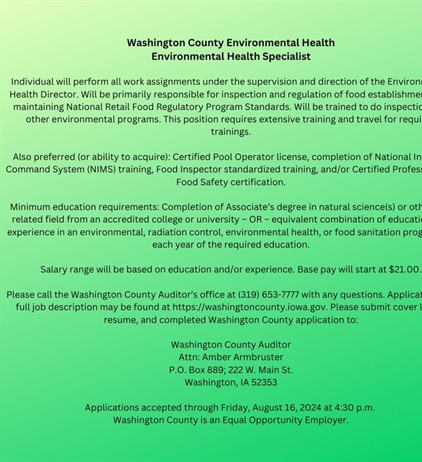 📣Job opening with Washington County Environmental Health as an Environmental Health Specialist!