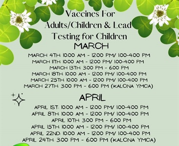 Here is the schedule for March & April for our Vaccines for Children (VFC) program and our NEW Vaccines for Adults (VFA) program...
