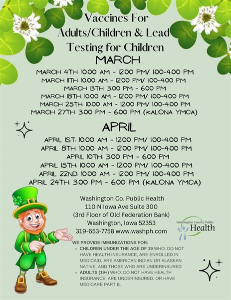 Here is the April schedule for our Vaccines for Children (VFC) program and our NEW Vaccines for Adults (VFA) program!