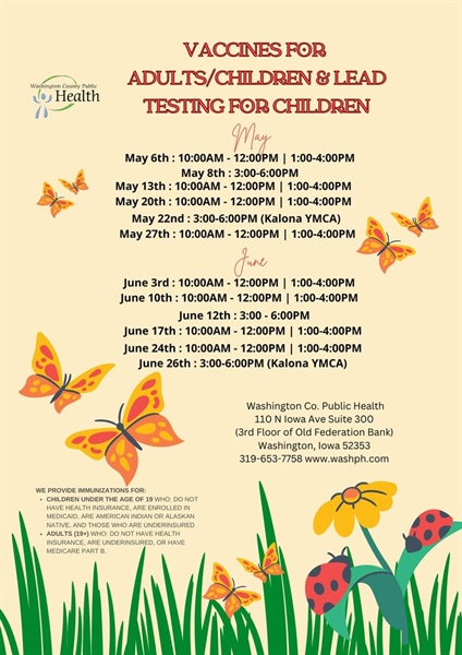 Here is the May/June schedule for our Vaccines for Children (VFC) program and our NEW Vaccines for Adults (VFA) program!