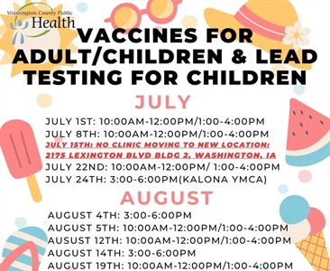 Here is the July/August schedule for our Vaccines for Children (VFC) program and our Vaccines for Adults (VFA) program!
