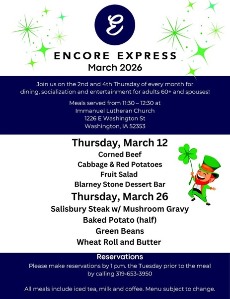 Enjoy a meal, socialization and entertainment at Encore Express during March!