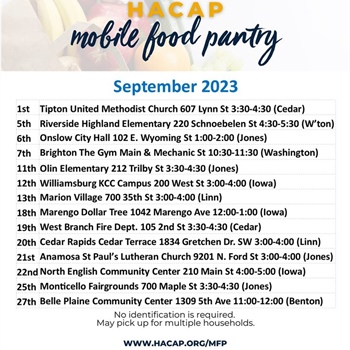 HACAP mobile food pantry will be in Washington County on September 5 and 7.  See the flyer for more details.